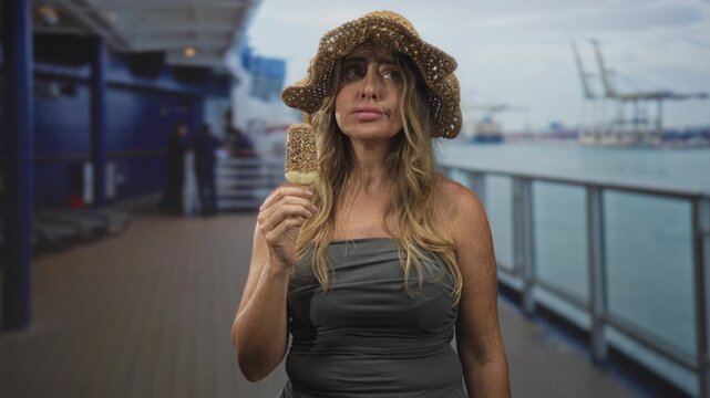 Woman holding popsicle and puckers lips on a cruise ship deck building, straw sunhat and strapless dress visible; vacation contentment.