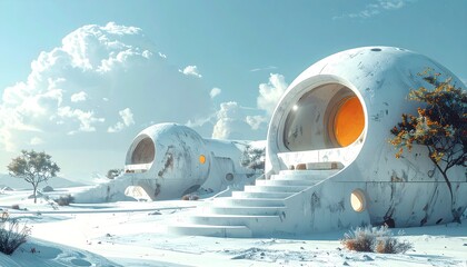 Fototapeta premium Futuristic snow-covered space colony pods under blue sky with warm lighting
