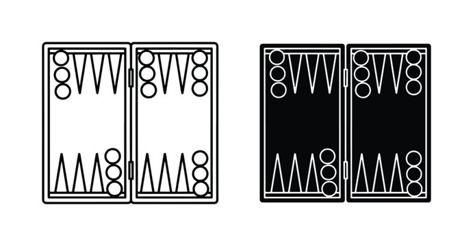 Backgammon board game icons, minimalist line art and solid black vector set, classic tabletop strategy game symbols for gaming apps and UI design