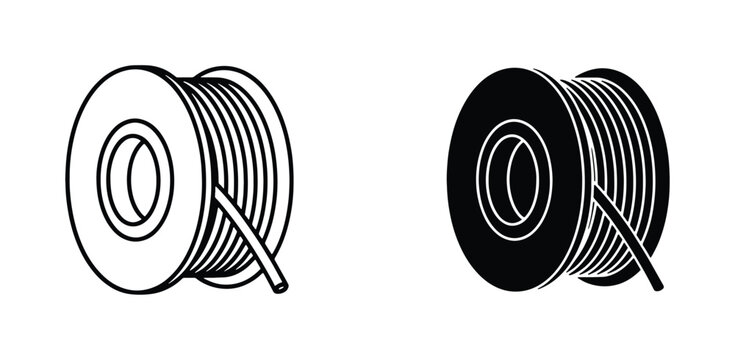 Industrial 3D printer filament spool icons, plastic wire coil vector set, black and white manufacturing material symbols for additive manufacturing