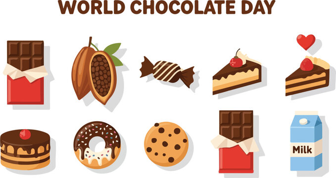 Vector icons for World Chocolate Day, featuring diverse chocolate treats and cocoa beans