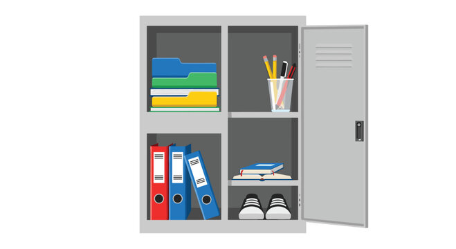 A detailed graphic depicts a grey multi-compartment storage locker filled with organized blue folders, red binders, stationery supplies, and a pair of white sneakers.