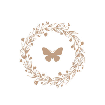 Elegant floral wreath with a delicate butterfly illustration