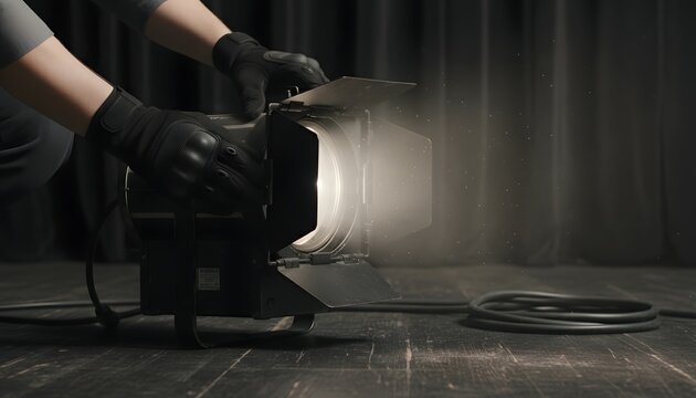 Stagehand adjusting lighting equipment in a professional studio for a film production concept, showing behind the scenes workflow and technical gaffer setup in a dark theater