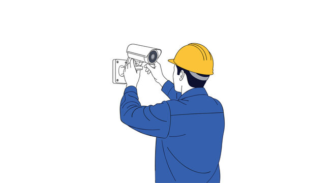 A professional technician wearing a bright yellow hard hat and blue uniform meticulously installs a modern white security camera onto a bright white wall.