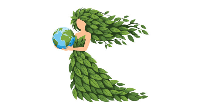 A graceful female personification of nature crafted from vibrant green leaves gently cradles the blue planet Earth against a pristine white background.