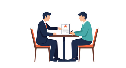 Fototapeta premium A clean flat illustration showing two professional men sitting at a wooden table while signing a real estate agreement with a house symbol on top.