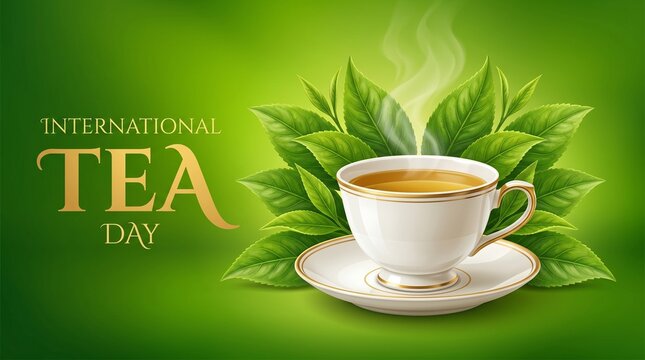 International Tea Day vector art. Steaming teacup on a saucer, set against a vibrant green backdrop beside a golden event title. Tea branding banner.