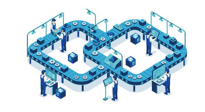 A detailed blue isometric factory scene depicts professional workers in overalls managing a complex looping conveyor belt system filled with gears.
