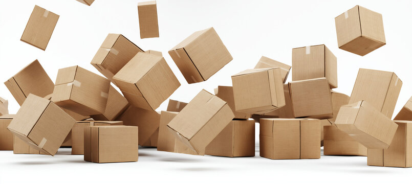 Numerous brown cardboard shipping boxes are falling and scattered across a clean white background