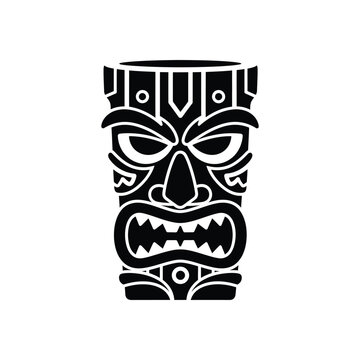 Tiki mask totem icon in black and white vector illustration of polynesian tribal culture traditional hawaiian deity sculpture for tropical parties beach events and ethnic art designs.