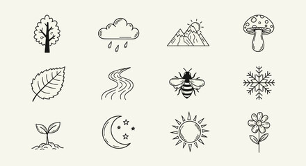 Obraz premium Nature icons set with tree leaf bee flower sun moon