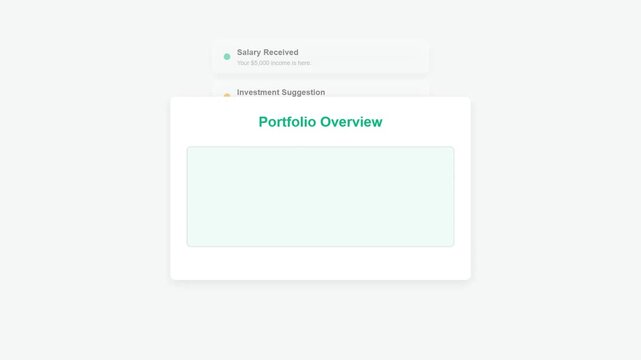 Financial app interface showing salary received notification and investment suggestion with portfolio overview popup