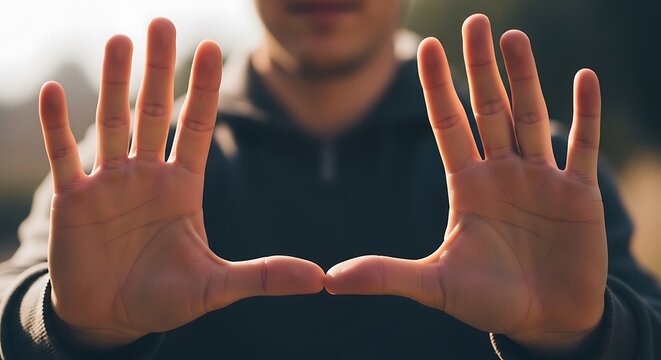 Close up of man holding up two hands with palms facing forward
