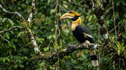Obraz premium Colorful Hornbill Bird Perched on Tree Branch in Dense Jungle