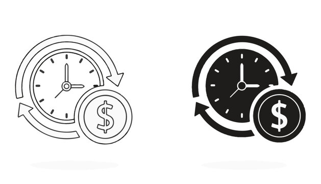 Time is Money Icon Set with Clock and Dollar Coin for Business Productivity Concept