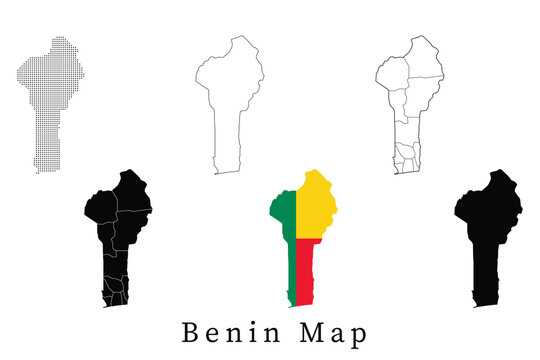 Set of Benin map silhouettes including administrative divisions, dotted patterns, line art outlines, and the national flag version.