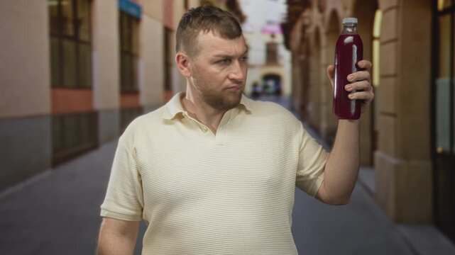 Man in cream polo holding bottle with raised hand, inspecting bottled juice on a narrow street archway; skepticism.
