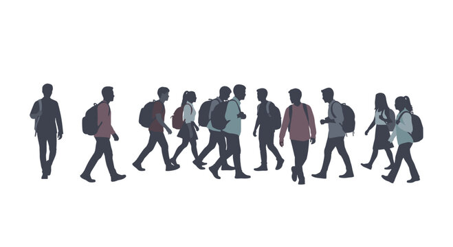 A group of diverse student silhouettes carrying heavy backpacks walk across a clean white background in a dynamic and busy horizontal composition of movement.