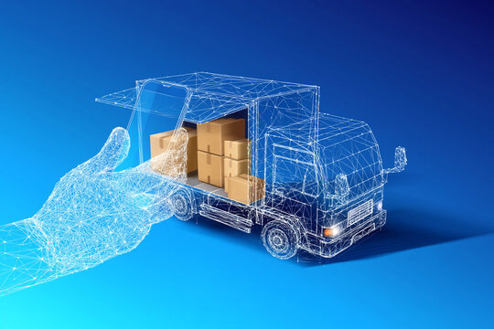 A digital hand holds a smartphone interacting with a wireframe delivery truck loaded with packages on a modern blue background