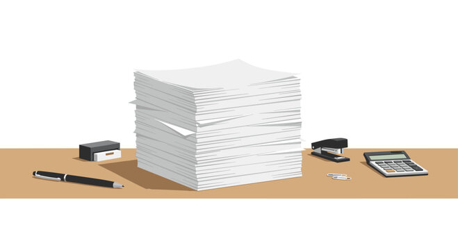 A towering stack of white documents sits on a warm wooden desk surface next to an organized black stapler, a digital calculator, and a sleek writing pen.