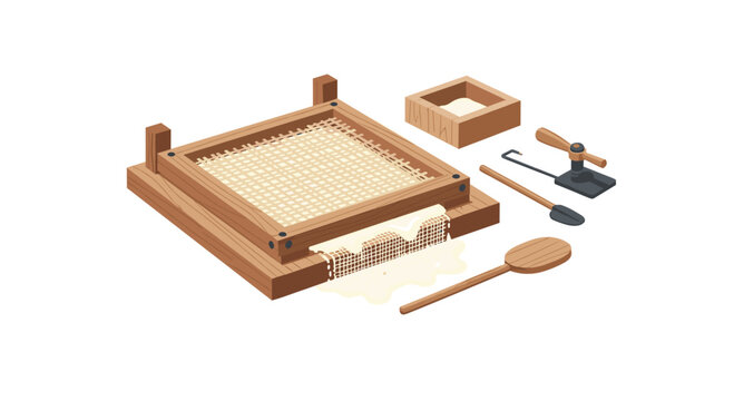A traditional wooden papermaking frame with a fine mesh screen sits next to specialized tools including a wooden box, a scraper, and a long paddle.