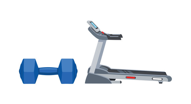 A single bright blue hexagonal dumbbell sits on the floor next to a sophisticated grey motorized treadmill designed for indoor cardiovascular exercise.