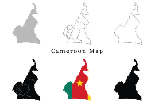 Set of Cameroon map silhouettes including administrative divisions, dotted patterns, line art outlines, and the national flag version.
