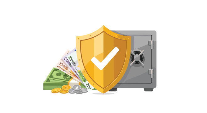 A robust gray metal safe sits behind a prominent golden security shield featuring a white checkmark amidst scattered banknotes and various piles of coins.