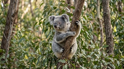 Fototapeta premium Cute Gray Koala Climbing Tree in Natural Forest Environment