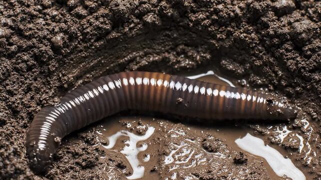 Macro video of an earthworm resting in a shallow basin of muddy fertile soil, revealing reflective wetness, smooth segmented form, and the organic microhabitat beneath the ground surface