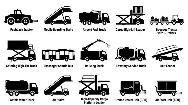 Airport Ground Support Vehicles Glyph Icons Set - Aviation Service Equipment Silhouettes
