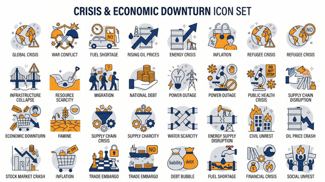 Global Economic and Environmental Crisis Icon Collection Modern Line Style Illustration