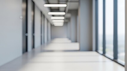 A long, bright and modern office hallway with windows and doors
