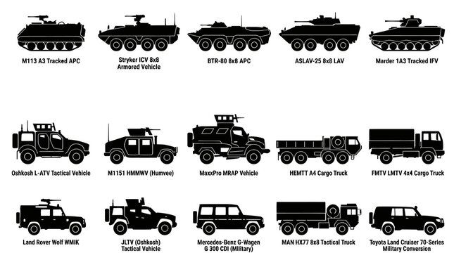 Military Vehicles Icons Set, Black and White Line Art