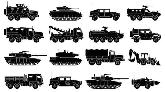 Black Silhouette Military Army Vehicles Heavy Equipment and Construction Machinery Icons Set