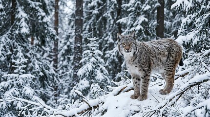 Fototapeta premium Wild Eurasian Lynx Standing in Snowy Forest Landscape with Dense Pine Trees