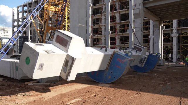 Crane lifting massive precast concrete columns at construction site