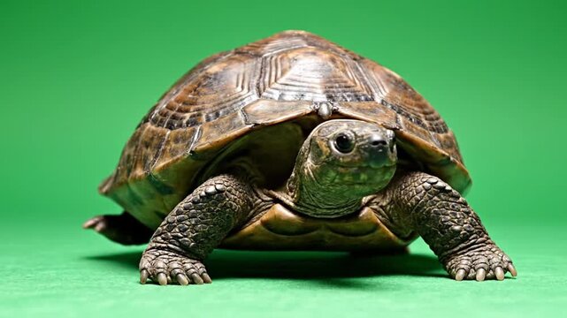 Tortoise on green background walking slowly.