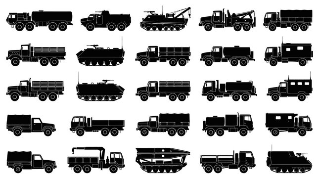 Military Vehicles Silhouette Vector Glyphs - Army Trucks, Tanks  Specialized Transport