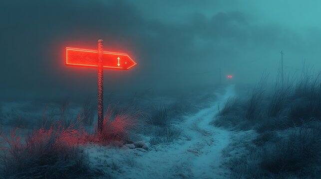 Eerie path with glowing direction sign amidst a foggy and mysterious winter landscape