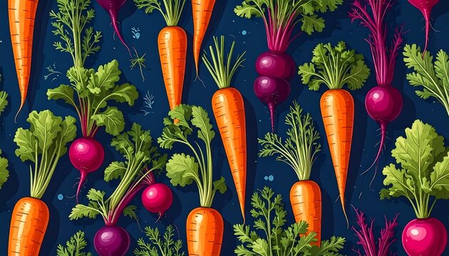A vibrant pattern of carrots and beets on dark blue background