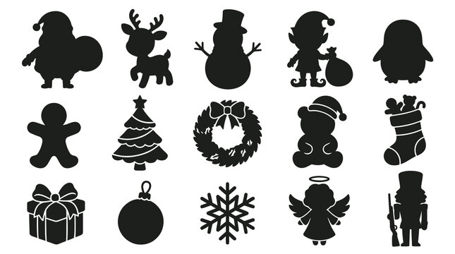 Black Christmas Holiday Silhouette Glyphs Icon Set - Festive Characters  Elements