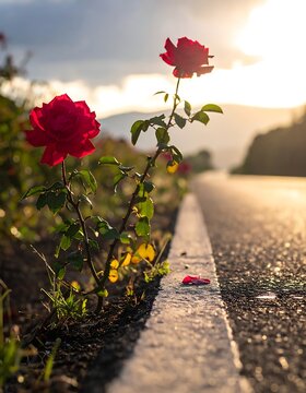 A serene roadside scene with roses growing by a paved path