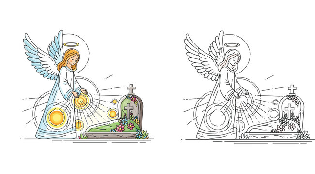 Guardian Angel at a Grave with Glowing Light and Flowers, Spiritual Illustration in Color and Line Art Versions for Mourning, Faith, Hope, and Religious Funeral Themes