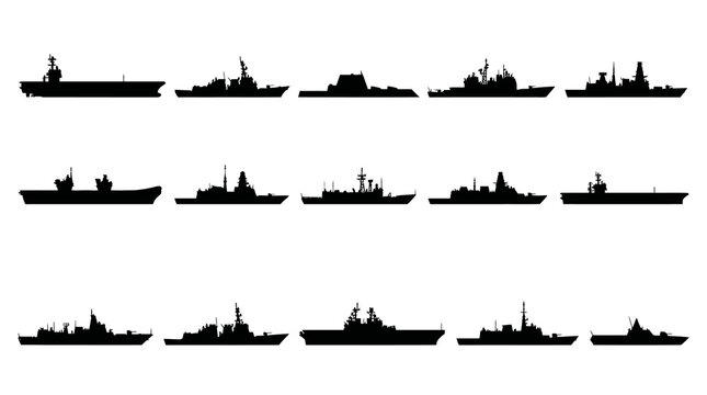 Modern Military Navy Warships and Naval Vessels Silhouette Vector Icon Set for Defense Operations