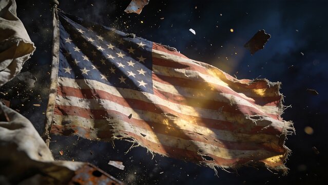 Tattered American flag in debris
