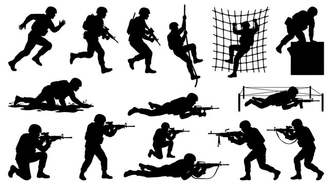 Military Soldiers Silhouettes Vector Collection for Army Training and Combat Operations