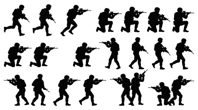 Military Soldier Silhouettes Vector Collection: Army, Combat, Defense Poses