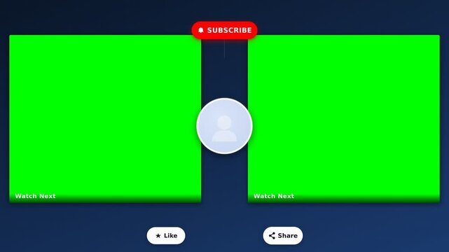 Dynamic blue video outro end screen template with two square green screen thumbnails for watch next video recommendations